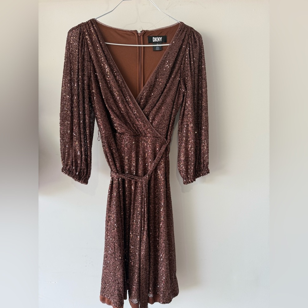 DKNY Brown Sheath Dress with Plunge Neckline and Cuffed Sleeves